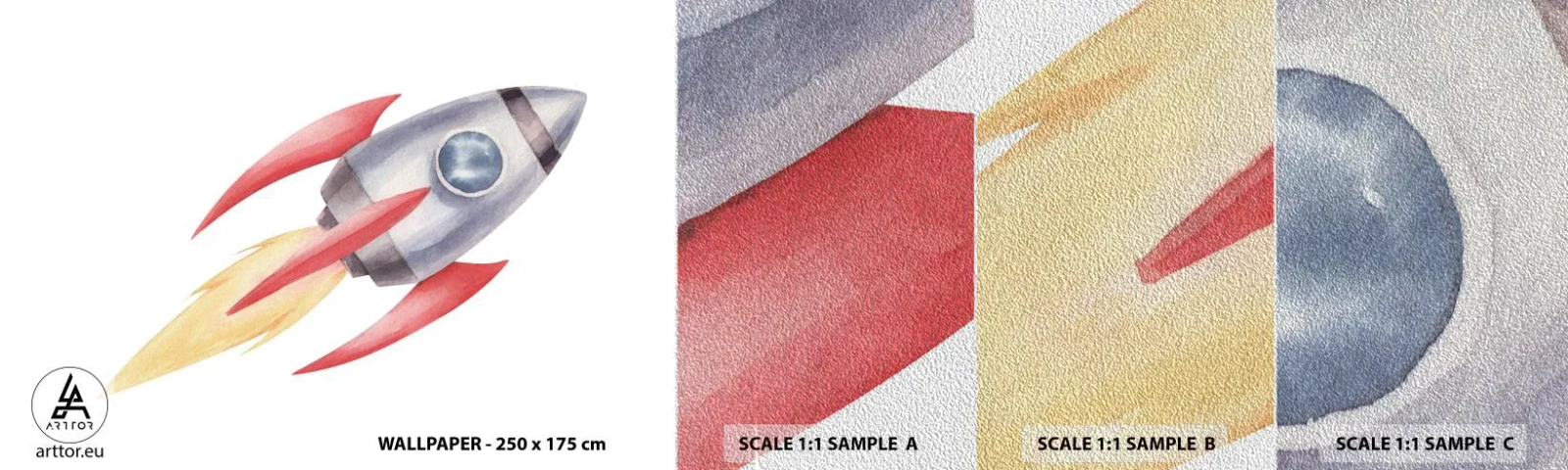 Fototapeta Próbka Premium Sand - Wyżej, prędzej, dalej - Rakieta Kosmiczna, Dziecięcy, Kosmos - 100x30 cm