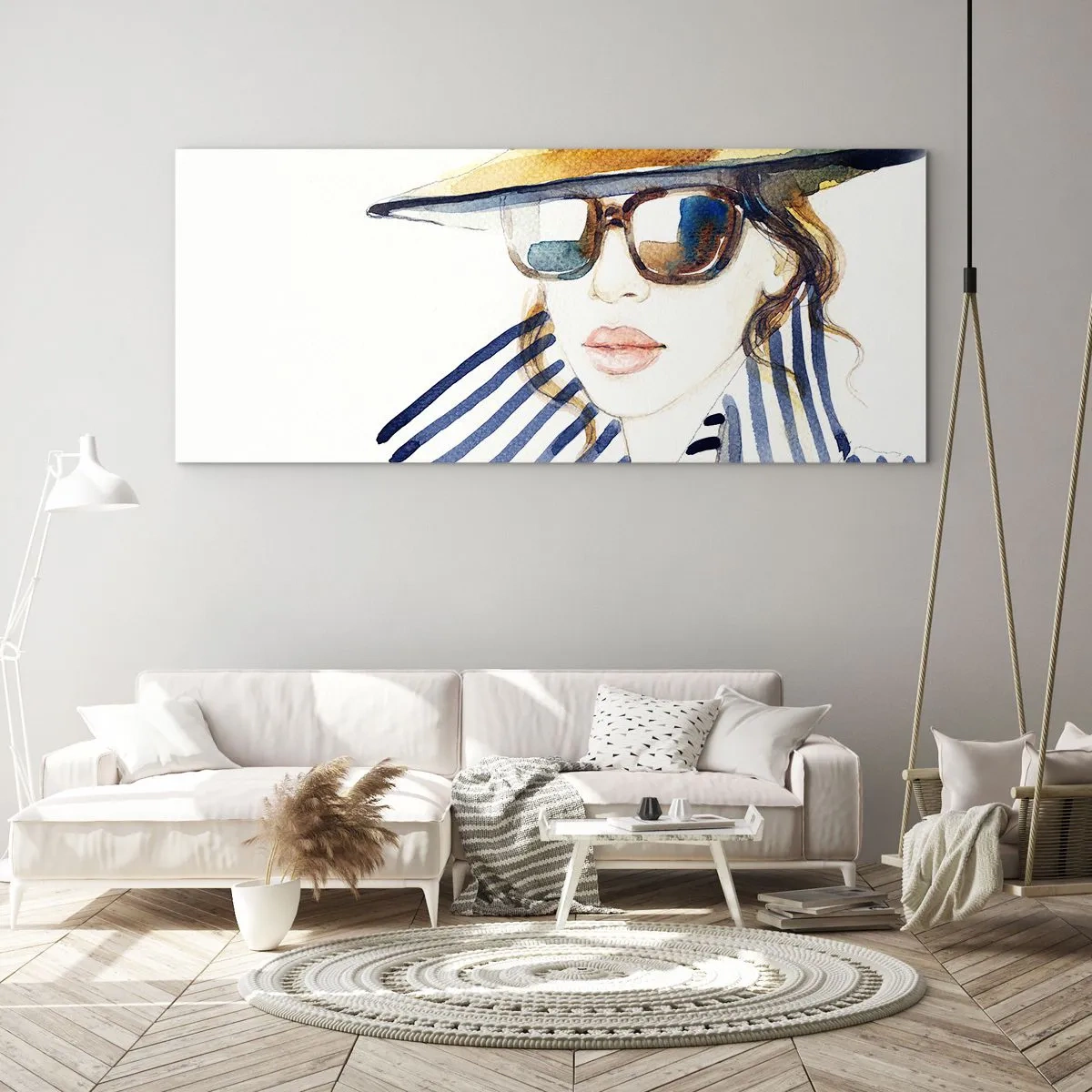 Obraz na szkle - Portret kobiety w kapeluszu i okularach przeciwsłonecznych - 120x50cm - Floryda wita! - Nowoczesna dekoracja ścienna do salonu i sypialni ARTTOR