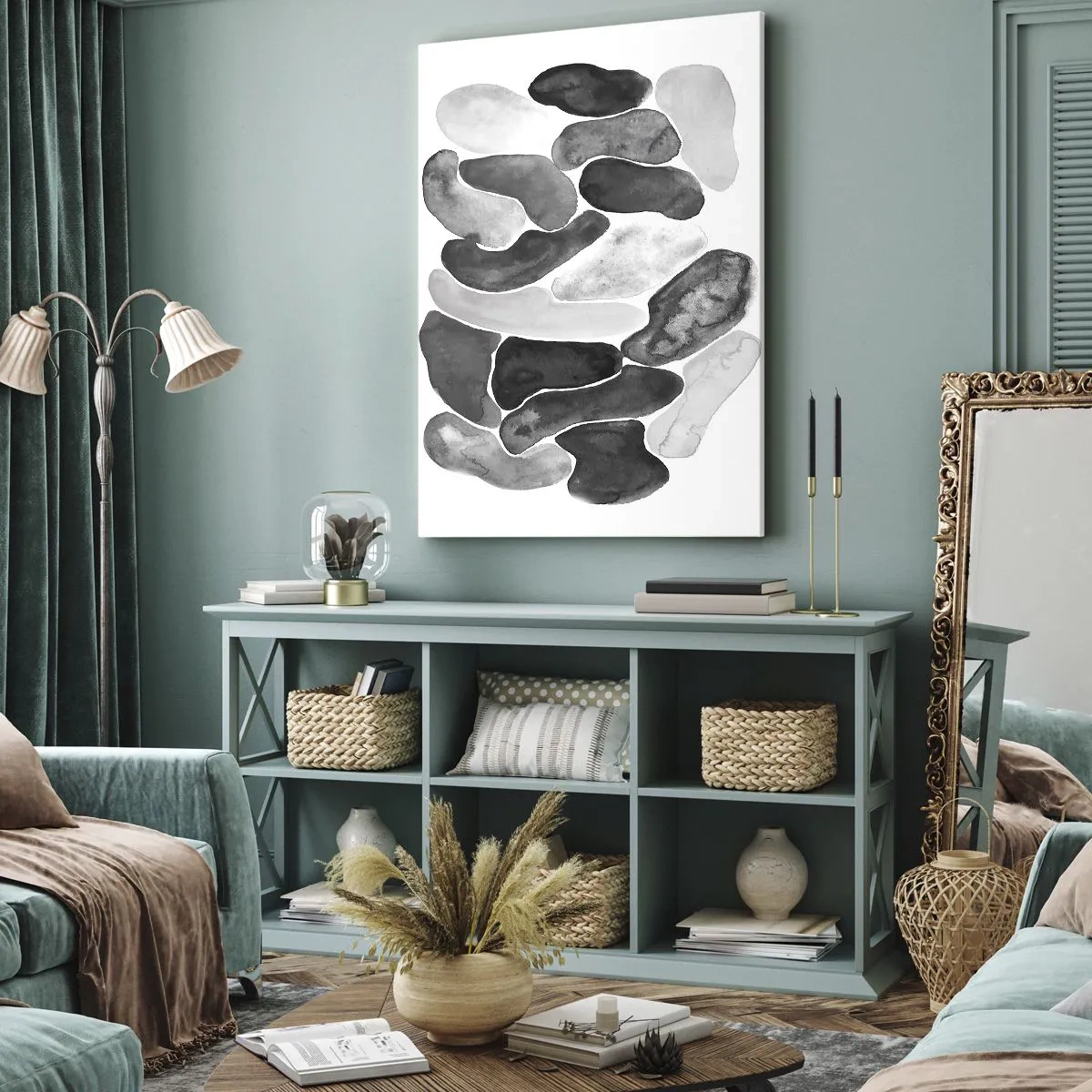 Obraz na płótnie - Czarno-biała abstrakcja z nieregularnymi plamami na białym tle - 70x100cm - Abstrakcja kamienista - Nowoczesna dekoracja ścienna do salonu i sypialni ARTTOR