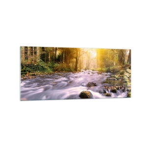 Obraz na szkle - Leśny strumień oświetlony promieniami słońca - 120x50cm - Malachit w srebrno-złotej oprawie - Nowoczesna dekoracja ścienna do salonu i sypialni ARTTOR