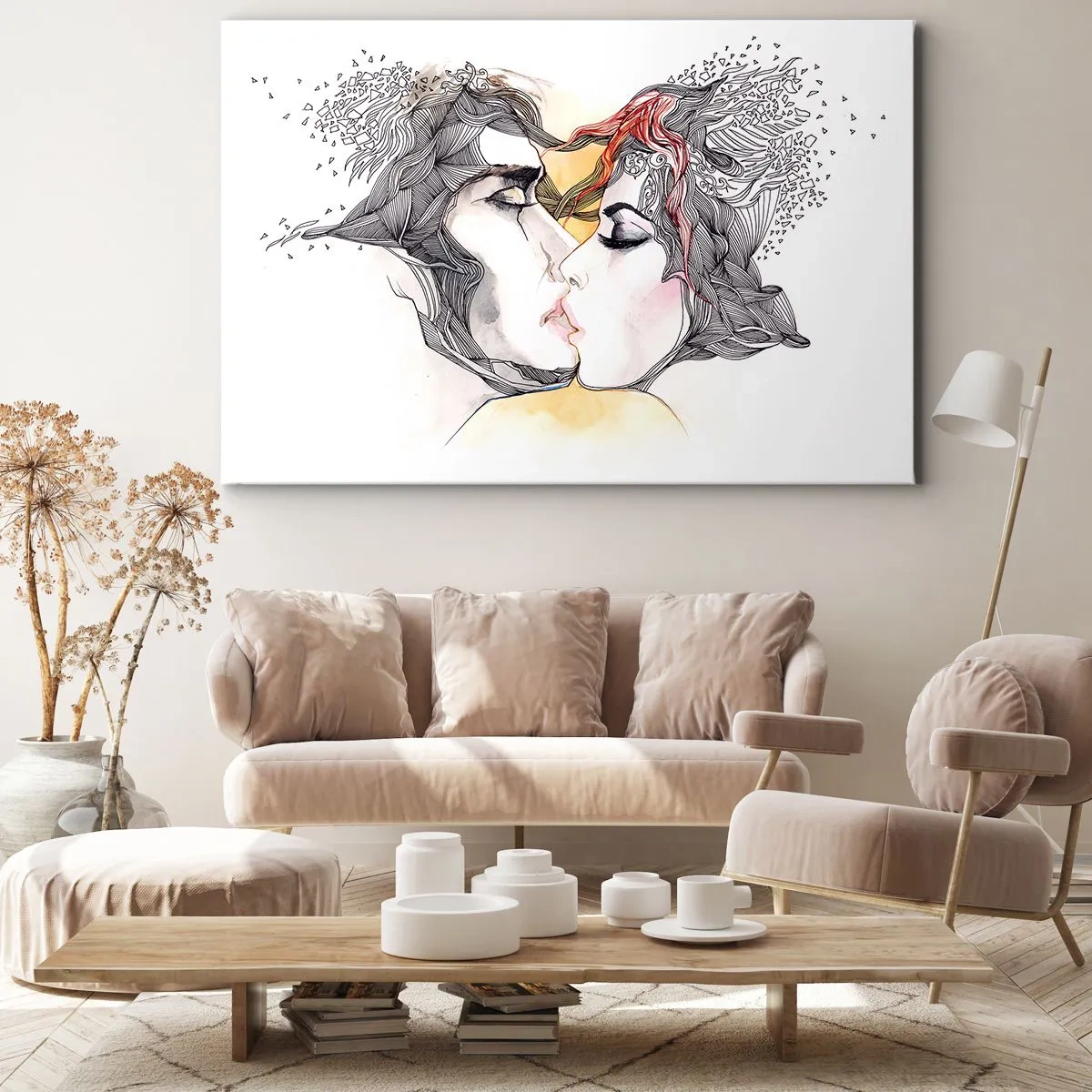 Obraz na płótnie - Artystyczny portret pary z abstrakcyjnymi motywami włosów - 70x50cm - Świat nie istnieje - Nowoczesna dekoracja ścienna do salonu i sypialni ARTTOR