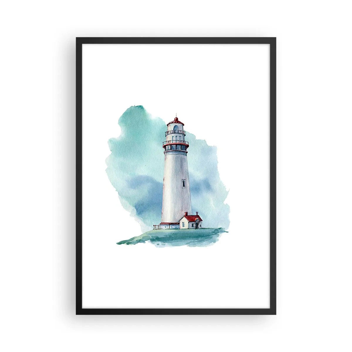 Plakat w czarnej ramie - Malarska ilustracja latarni morskiej otoczonej błękitnym niebem - 50x70cm - Łagodna siostra błękitu - Nowoczesna dekoracja ścienna do salonu i sypialni ARTTOR