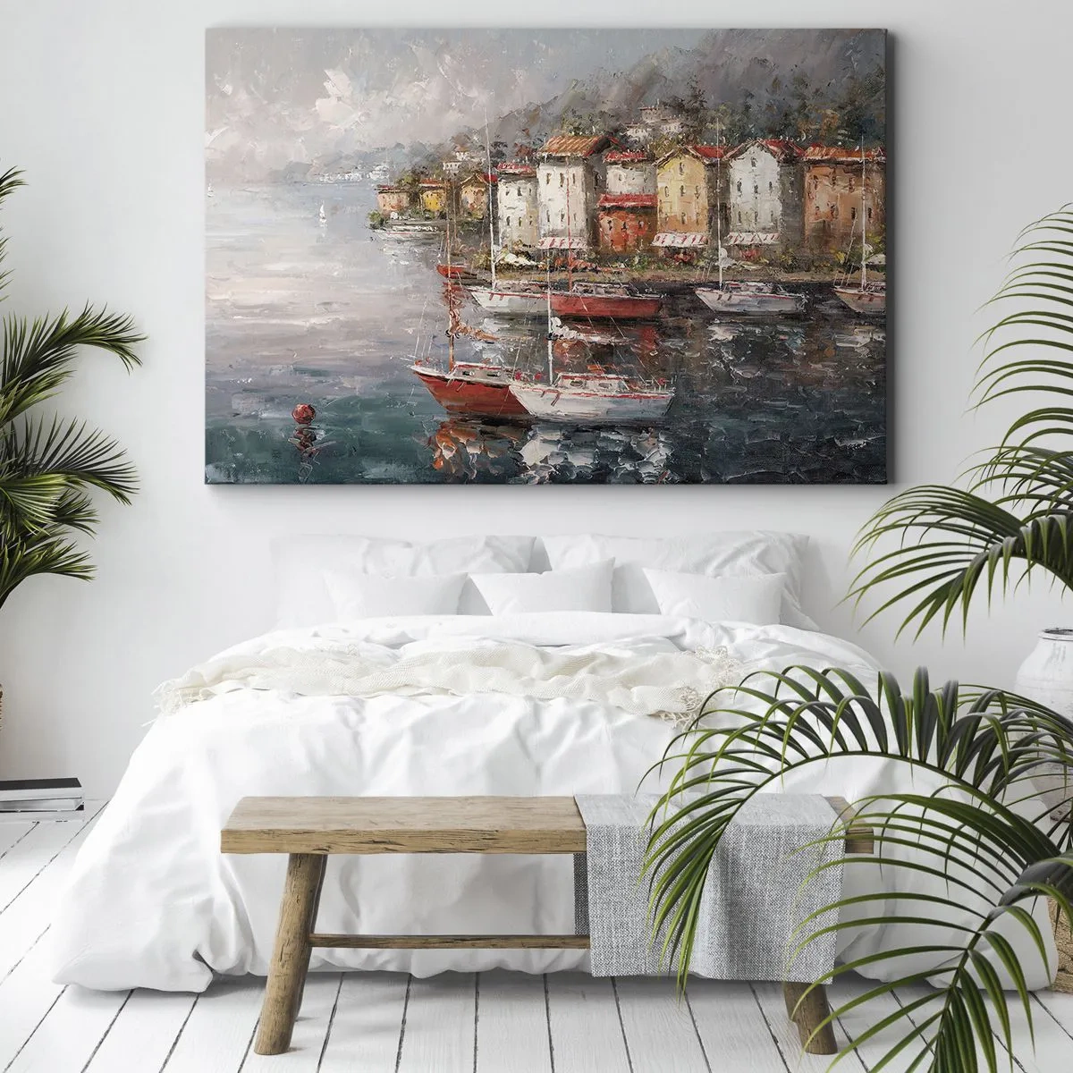 Obraz na płótnie - Nadmorska sceneria z łodziami i kolorowymi domami - 70x50cm - Romantyczna przystań - Nowoczesna dekoracja ścienna do salonu i sypialni ARTTOR
