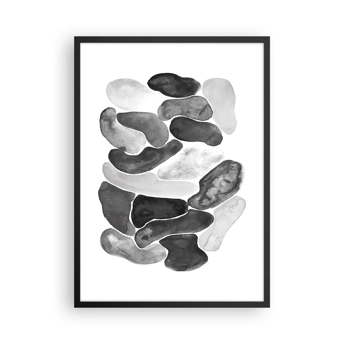 Plakat w czarnej ramie - Abstrakcyjne kształty w odcieniach czerni, szarości i bieli - 50x70cm - Abstrakcja kamienista - Nowoczesna dekoracja ścienna do salonu i sypialni ARTTOR