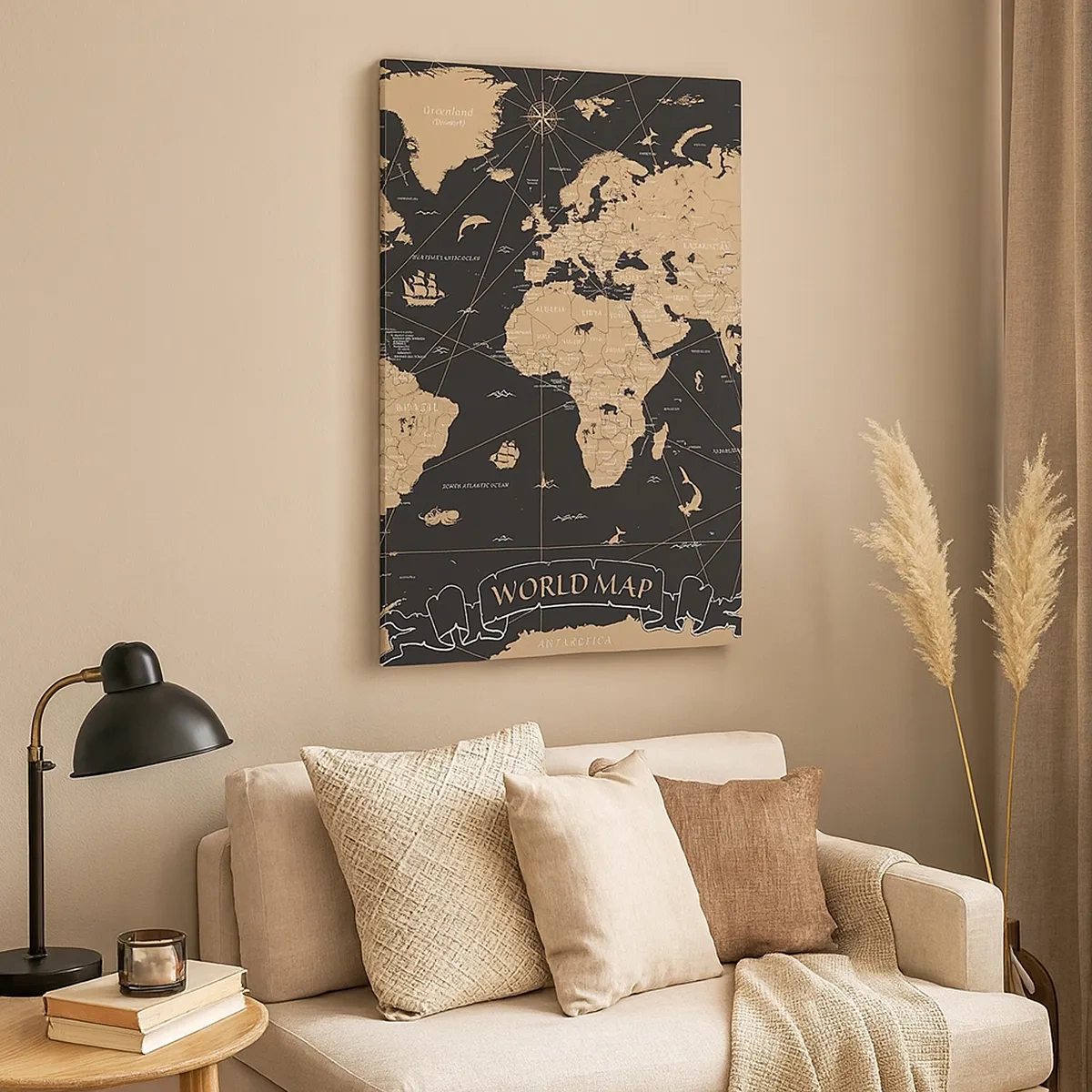 Obraz na płótnie - Stylizowana mapa świata w beżowo-czarnej kolorystyce - 50x70cm - Granice mojego świata - Nowoczesna dekoracja ścienna do salonu, kuchni i sypialni ARTTOR