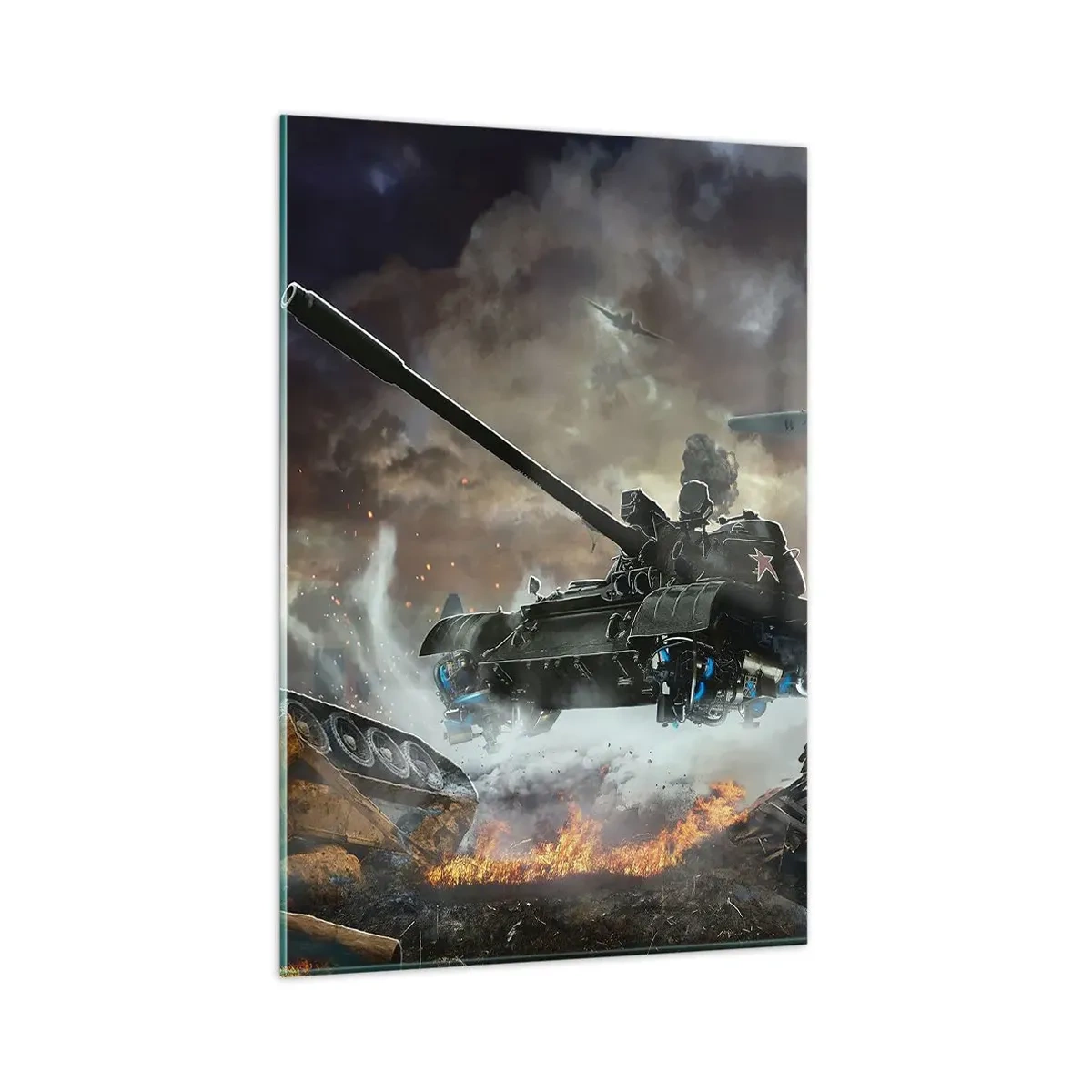 Obraz na szkle - Scena bitwy z czołgami i samolotami w tle - 80x120cm - Bitwa jest straszna i piękna - Nowoczesna dekoracja ścienna do salonu i sypialni ARTTOR