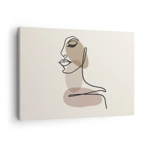 Obraz na płótnie - Minimalistyczna twarz kobiety z abstrakcyjnymi plamami - 70x50cm - Zasłuchana w siebie - Nowoczesna dekoracja ścienna do salonu i sypialni ARTTOR