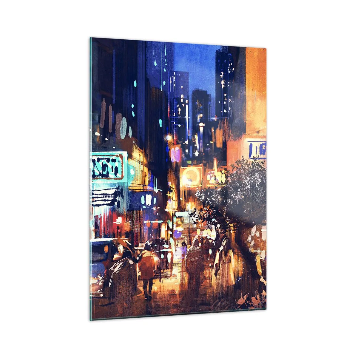 Obraz na szkle - Malownicza nocna scena miasta z neonami i ulicznym ruchem - 50x70cm - A miasto nie śpi - Nowoczesna dekoracja ścienna do salonu, kuchni i sypialni ARTTOR