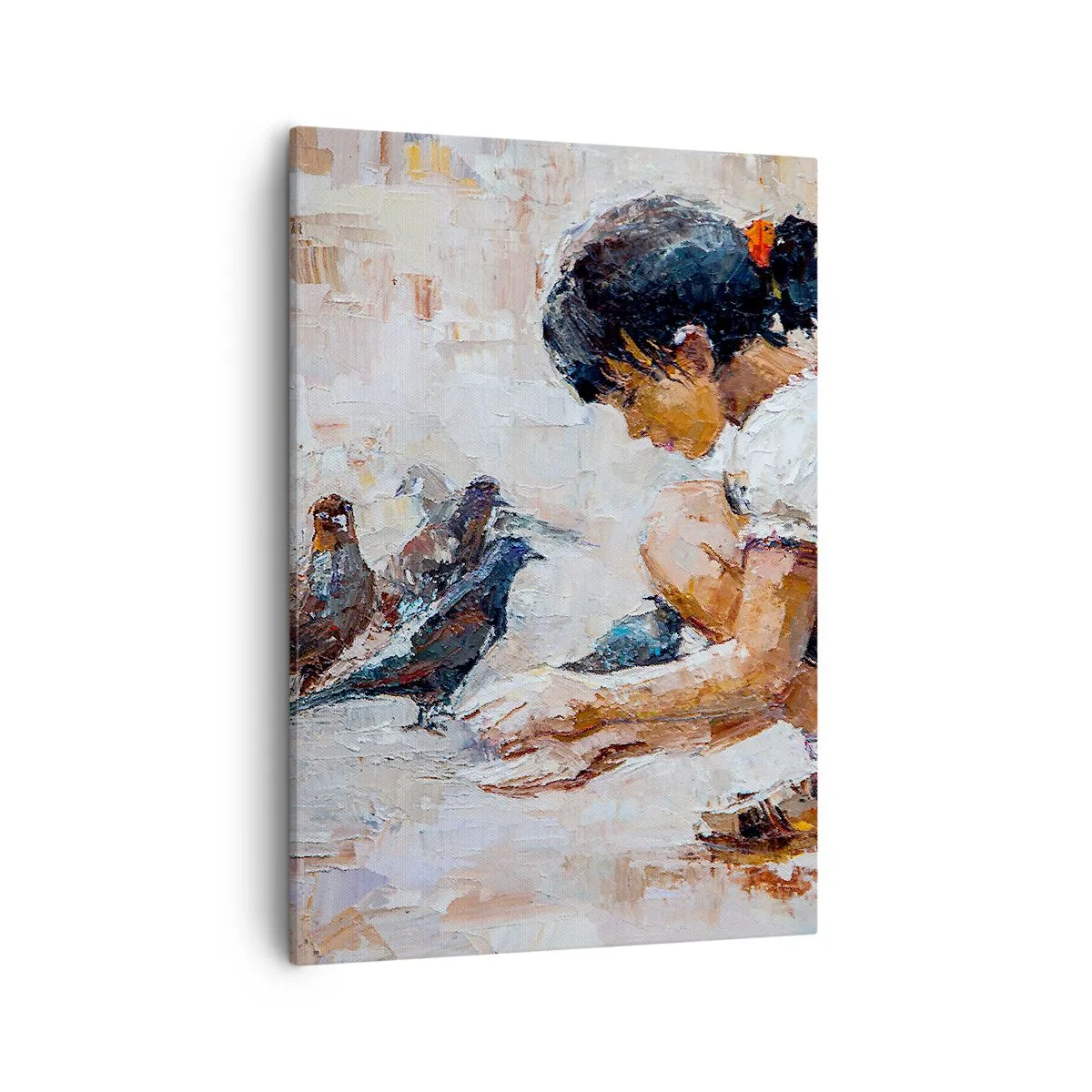 Obraz na płótnie - Dziewczynka karmiąca ptaki w malarskim stylu - 50x70cm - Maluczcy i najmilsi - Nowoczesna dekoracja ścienna do salonu, kuchni i sypialni ARTTOR