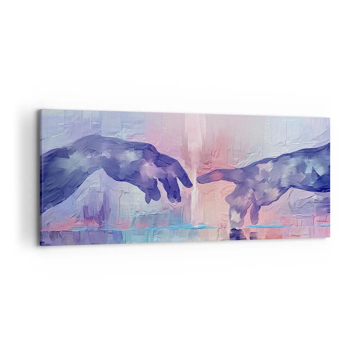 Obraz na płótnie - Symboliczne dłonie w abstrakcyjnych barwach, odwołujące się do motywu stworzenia - 120x50cm - Boska iskra życia - Nowoczesna dekoracja ścienna do salonu i sypialni ARTTOR