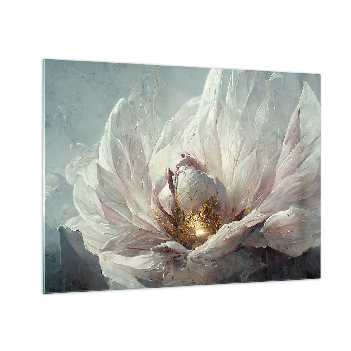 Obraz na szkle - Rozkwitający kwiat w delikatnych szarościach i złocie - 70x50cm - Rozkwita raz na sto lat - Nowoczesna dekoracja ścienna do salonu i sypialni ARTTOR