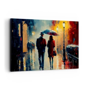 Obraz na płótnie - Spacer w deszczu pod parasolem w mieście nocą - 100x70cm - Miejska love story - Nowoczesna dekoracja ścienna do salonu, kuchni i sypialni ARTTOR