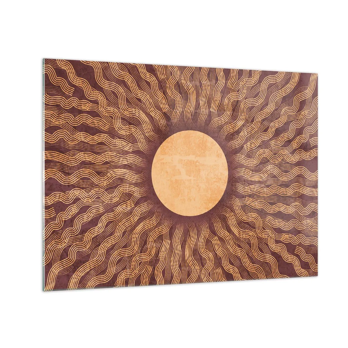 Obraz na szkle - Stylizowane słońce z promieniami w formie falistych linii na tle brązu - 70x50cm - Ikona słońca - Nowoczesna dekoracja ścienna do salonu i sypialni ARTTOR