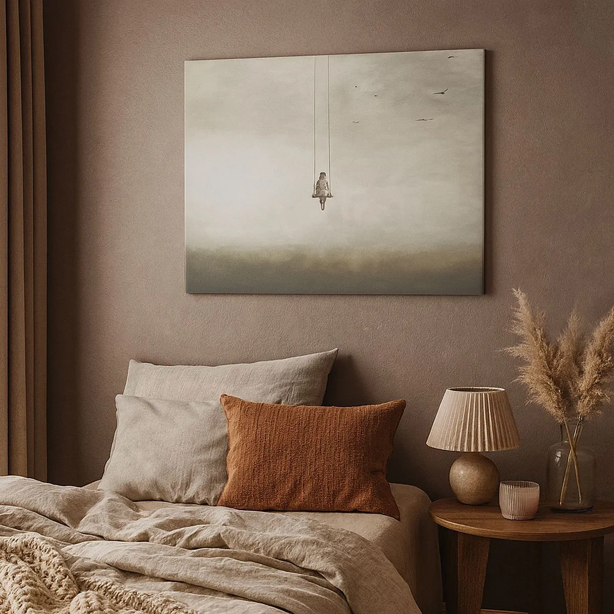 Obraz na płótnie - Postać na huśtawce zawieszonej w przestrzeni - 70x50cm - Dziecko w nas - Nowoczesna dekoracja ścienna do salonu i sypialni ARTTOR