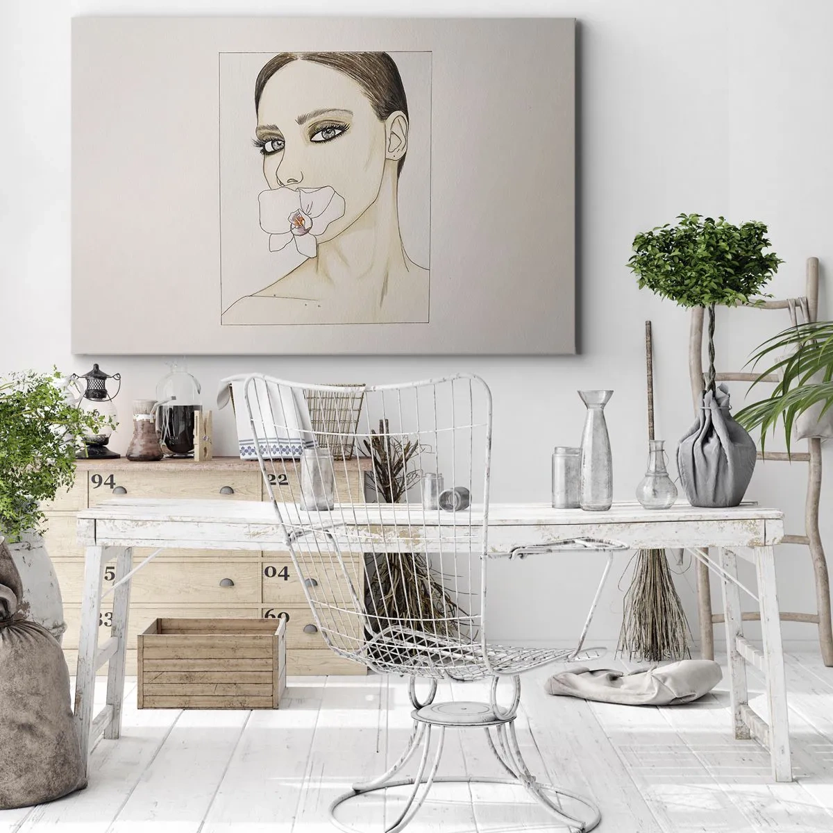 Obraz na płótnie - Portret kobiety z orchideą w delikatnych barwach - 70x50cm - Symbol elegancji i piękna - Nowoczesna dekoracja ścienna do salonu i sypialni ARTTOR