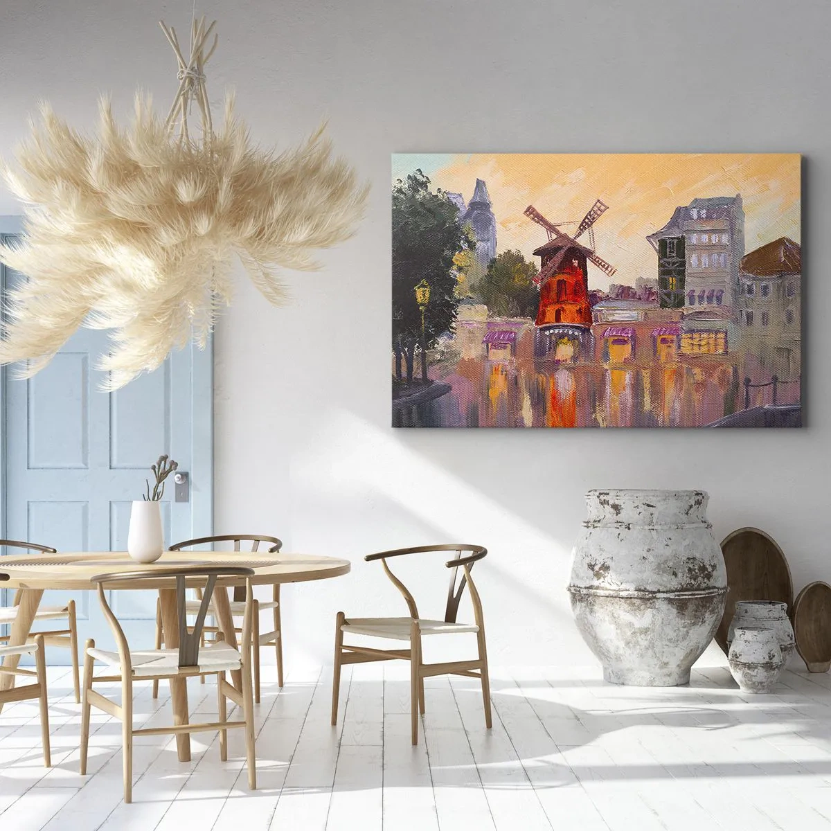 Obraz na płótnie - Czerwony wiatrak Moulin Rouge otoczony miejskim pejzażem - 120x80cm - Paryskie ikony – Moulin Rouge - Nowoczesna dekoracja ścienna do salonu, kuchni i sypialni ARTTOR