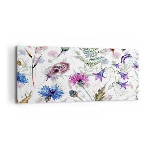 Obraz na płótnie - Akwarelowe kwiaty i zioła na białym tle w stylu zielnika - 120x50cm - Polski zielnik - Nowoczesna dekoracja ścienna do salonu i sypialni ARTTOR