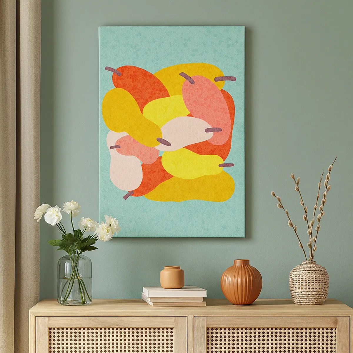 Obraz na płótnie - Kolorowa, abstrakcyjna kompozycja gruszek na miętowym tle - 50x70cm - Spróbuj letniego słońca - Nowoczesna dekoracja ścienna do salonu, kuchni i sypialni ARTTOR