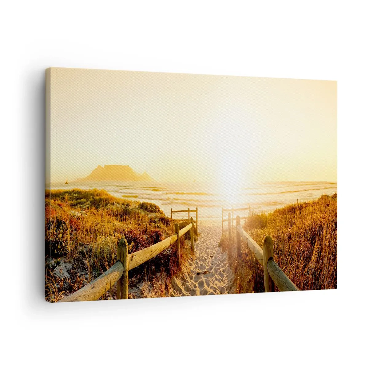 Obraz na płótnie - Ścieżka na plażę podczas złotego zachodu słońca - 70x50cm - Przez wydmę, w stronę słońca - Nowoczesna dekoracja ścienna do salonu i sypialni ARTTOR