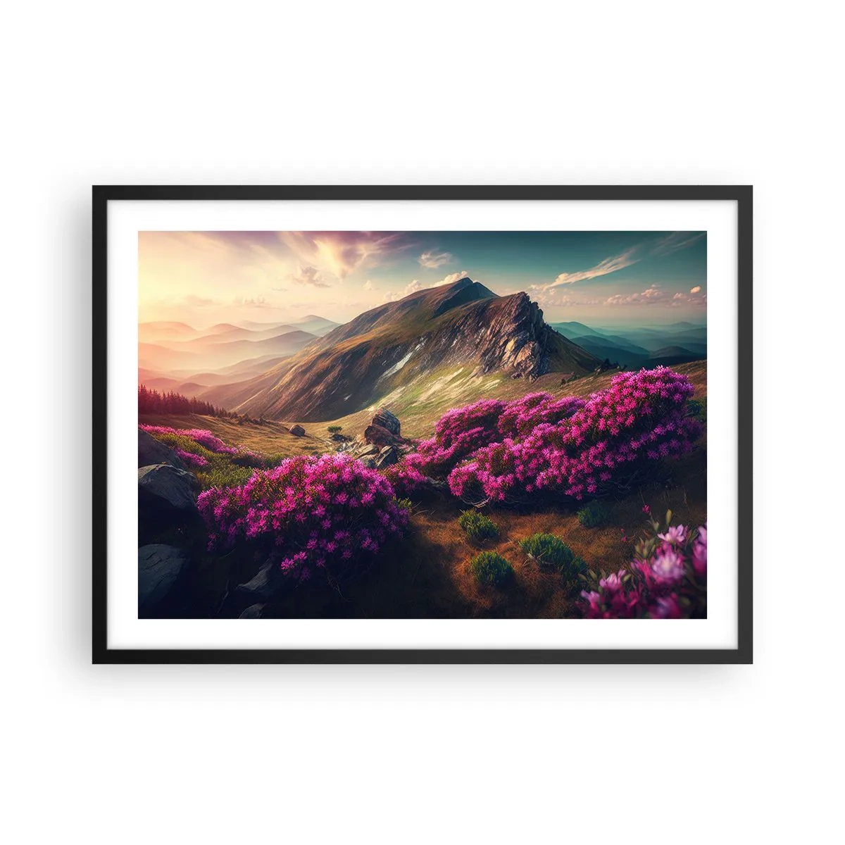 Plakat w czarnej ramie - Górski krajobraz z kwitnącymi rododendronami - 70x50cm - Lato w górach - Nowoczesna dekoracja ścienna do salonu i sypialni ARTTOR