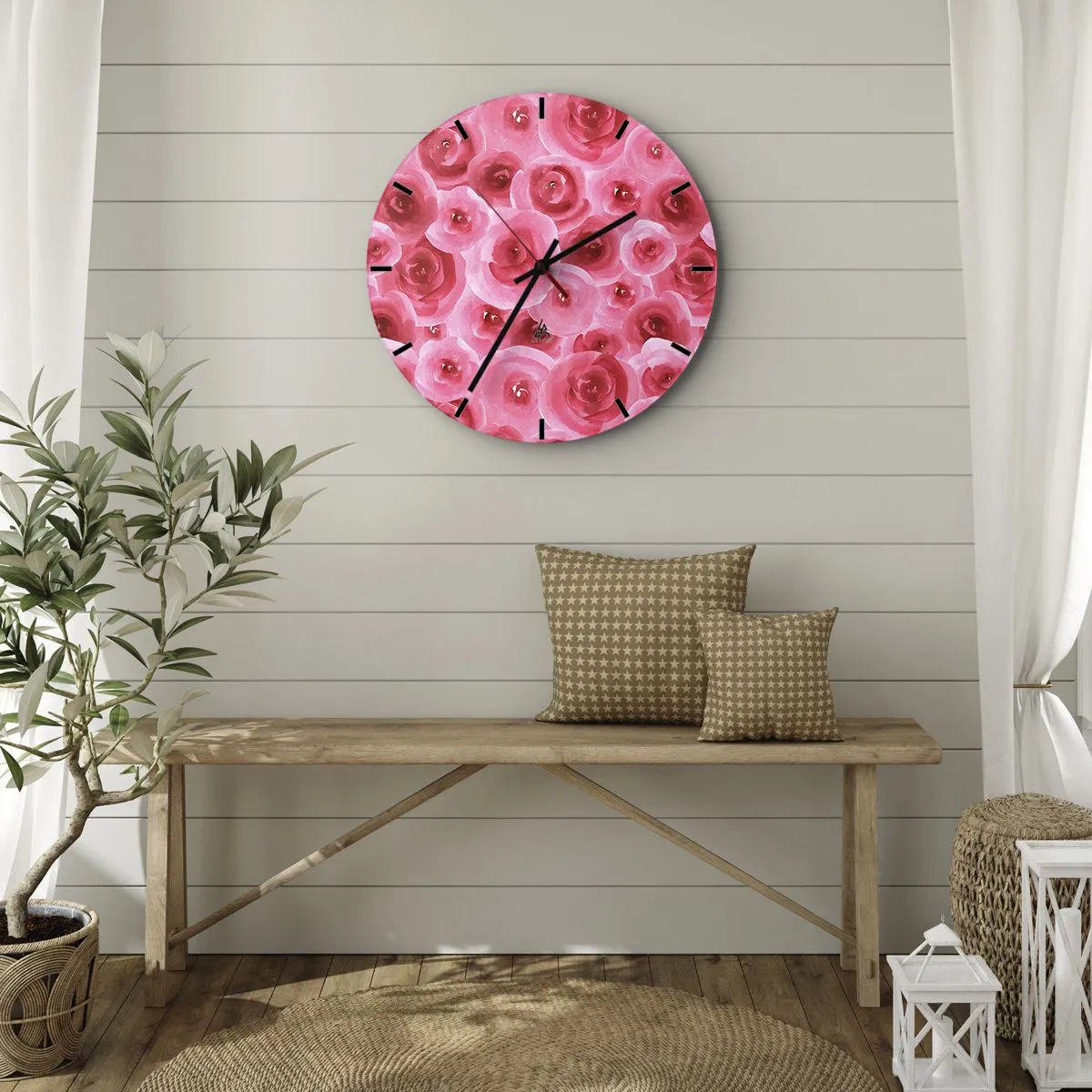 Zegar ścienny - Akwarelowe czerwone róże na jasnym tle - 30x30cm - Róże na dole i na górze - Nowoczesna dekoracja ścienna do salonu, kuchni i sypialni ARTTOR