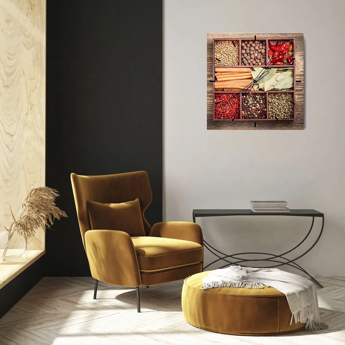 Zegar ścienny - Drewniane pudełko z różnorodnymi przyprawami w przegródkach - 30x30cm - Porządek kształtów, bukiet aromatów - Nowoczesna dekoracja ścienna do salonu i sypialni ARTTOR