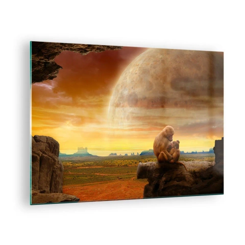 Obraz na szkle - Małpy siedzące na skale na tle ogromnego księżyca - 70x50cm - Miłość wszędzie ta sama - Nowoczesna dekoracja ścienna do salonu i sypialni ARTTOR