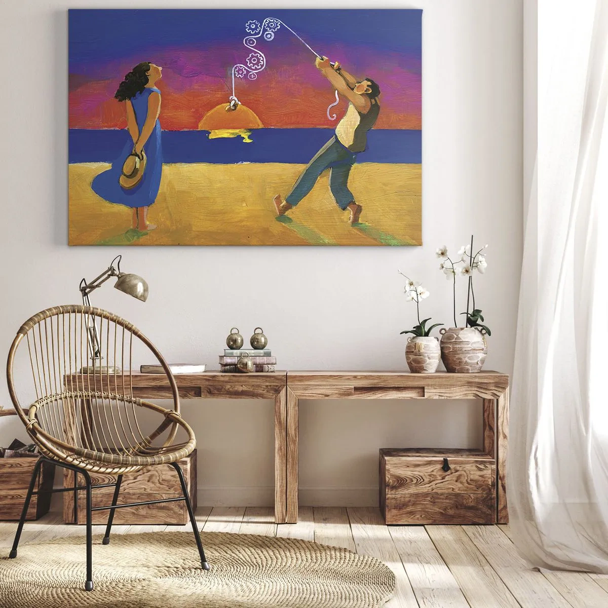 Obraz na płótnie - Postacie nad morzem o zachodzie słońca - 70x50cm - Więcej niż gwiazdka z nieba - Nowoczesna dekoracja ścienna do salonu i sypialni ARTTOR