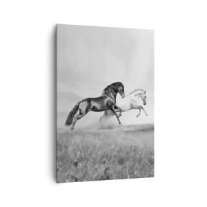 Obraz na płótnie - Dwa konie galopujące w dynamicznej, czarno-białej kompozycji - 70x100cm - Anioły i demony - Nowoczesna dekoracja ścienna do salonu i sypialni ARTTOR