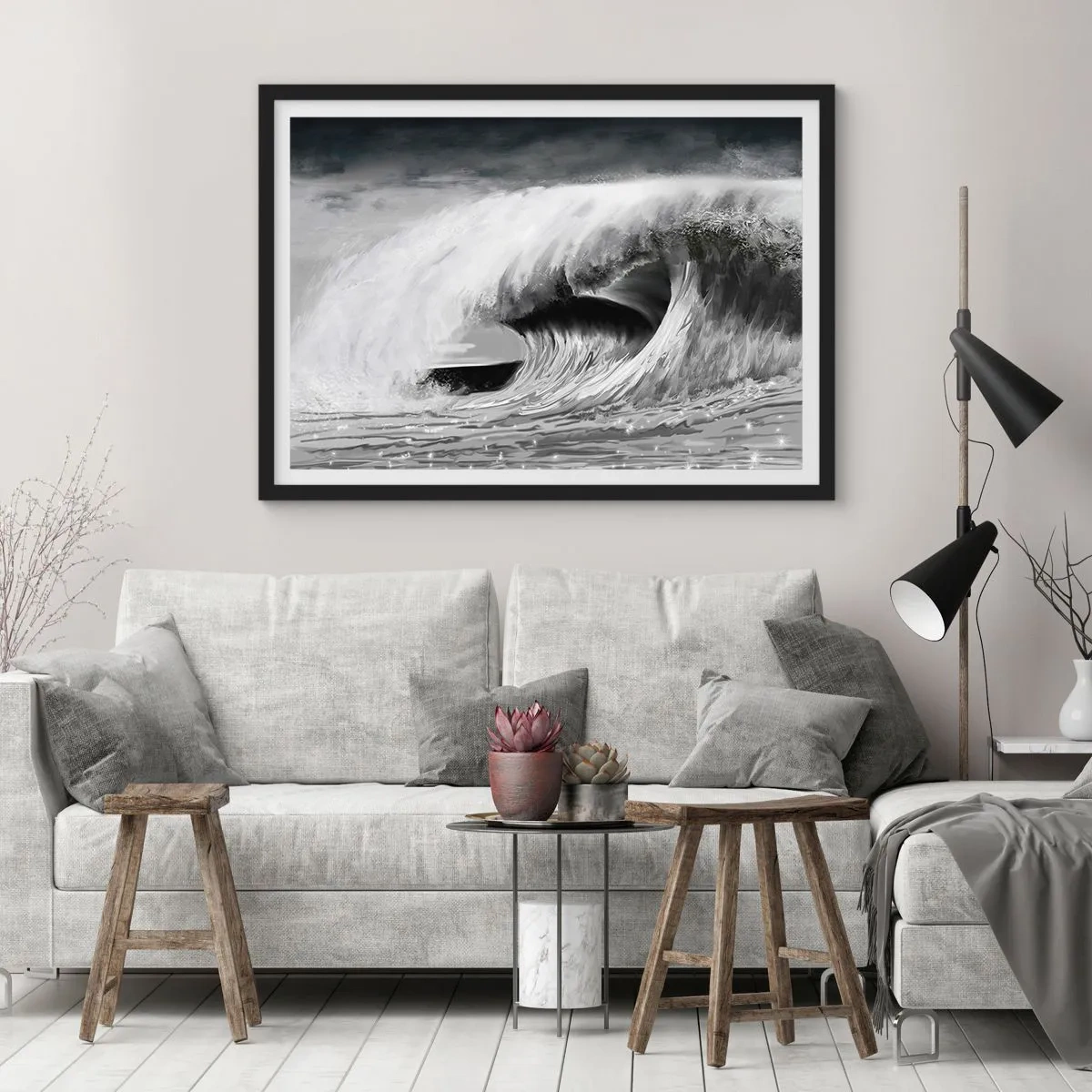 Plakat w czarnej ramie - Dramatyczna fala oceaniczna w monochromatycznym ujęciu - 100x70cm - Gniew oceanu - Nowoczesna dekoracja ścienna do salonu i sypialni ARTTOR