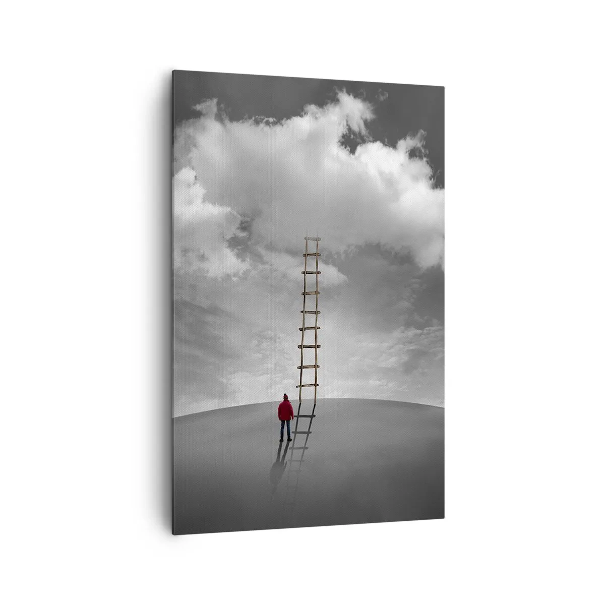 Obraz na płótnie - Osoba w czerwonym płaszczu i drabina prowadząca do chmury - 80x120cm - Wszystko możliwe - Nowoczesna dekoracja ścienna do salonu i sypialni ARTTOR