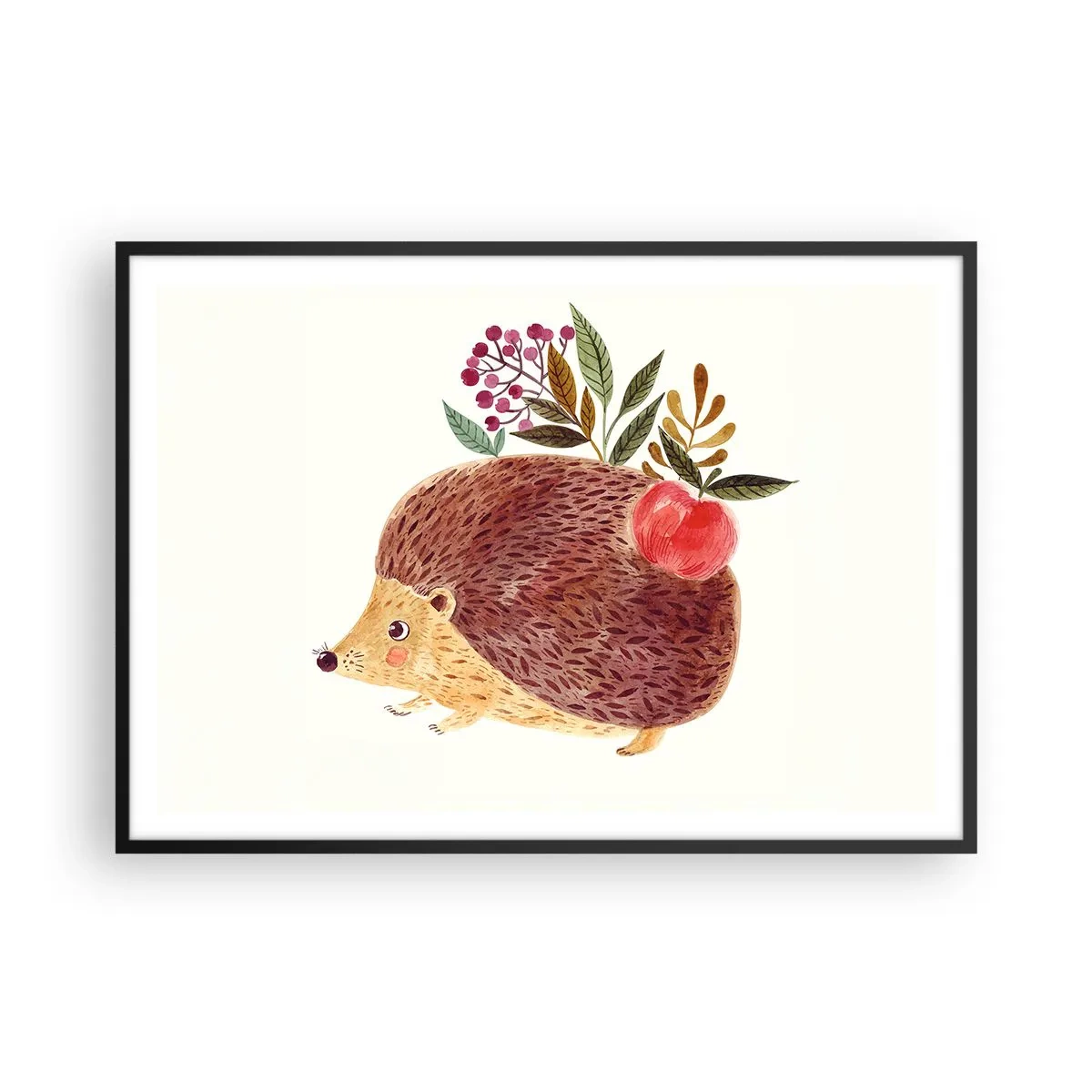 Plakat w czarnej ramie - Uroczy jeżyk z jabłkiem i roślinami w ilustracyjnym stylu - 100x70cm - I już mnie lubisz - Nowoczesna dekoracja ścienna do salonu i sypialni ARTTOR