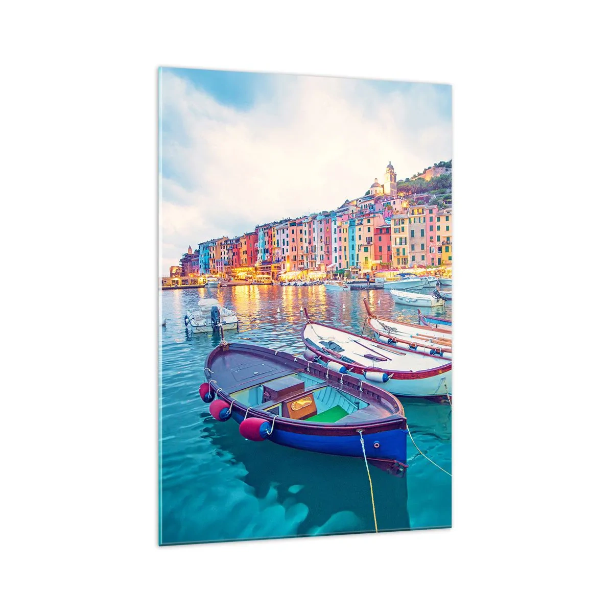 Obraz na szkle - Kolorowe miasteczko nad wodą z łodziami w porcie - 70x100cm - Kolorowy wieczór w porcie - Nowoczesna dekoracja ścienna do salonu i sypialni ARTTOR