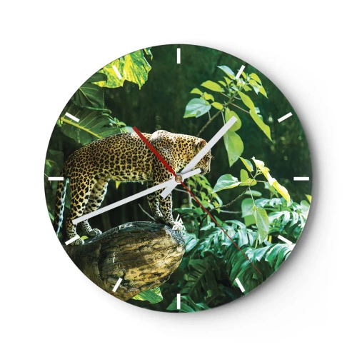Zegar ścienny - Lampart w dżungli na tle zielonych liści - 30x30cm - Na łowy? - Nowoczesna dekoracja ścienna do salonu, kuchni i sypialni ARTTOR