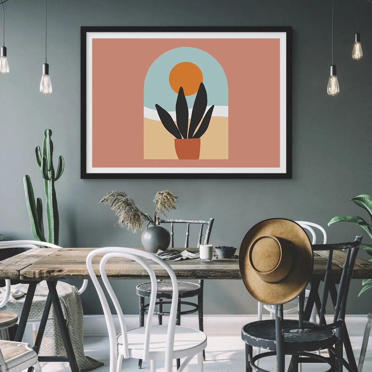 Plakat w czarnej ramie - Czarna roślina w doniczce na tle słońca - 100x70cm - Drobne radości - Nowoczesna dekoracja ścienna do salonu i sypialni ARTTOR