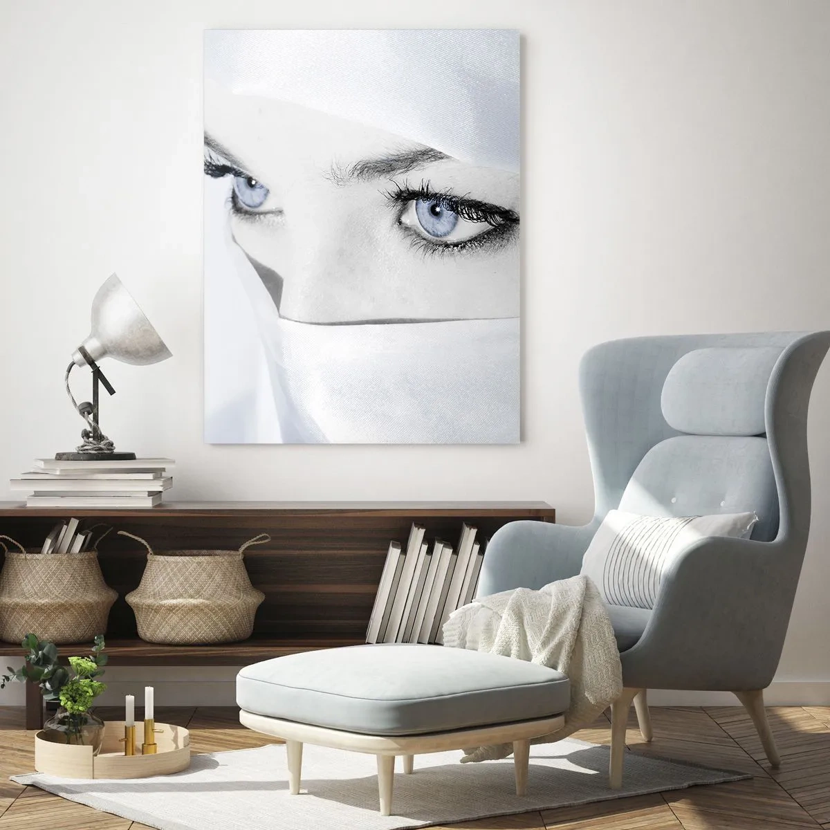 Obraz na szkle - Portret kobiety z błękitnymi oczami ukrytej za białym welonem - 70x100cm - Wprost z tysiąca i jednej nocy - Nowoczesna dekoracja ścienna do salonu i sypialni ARTTOR
