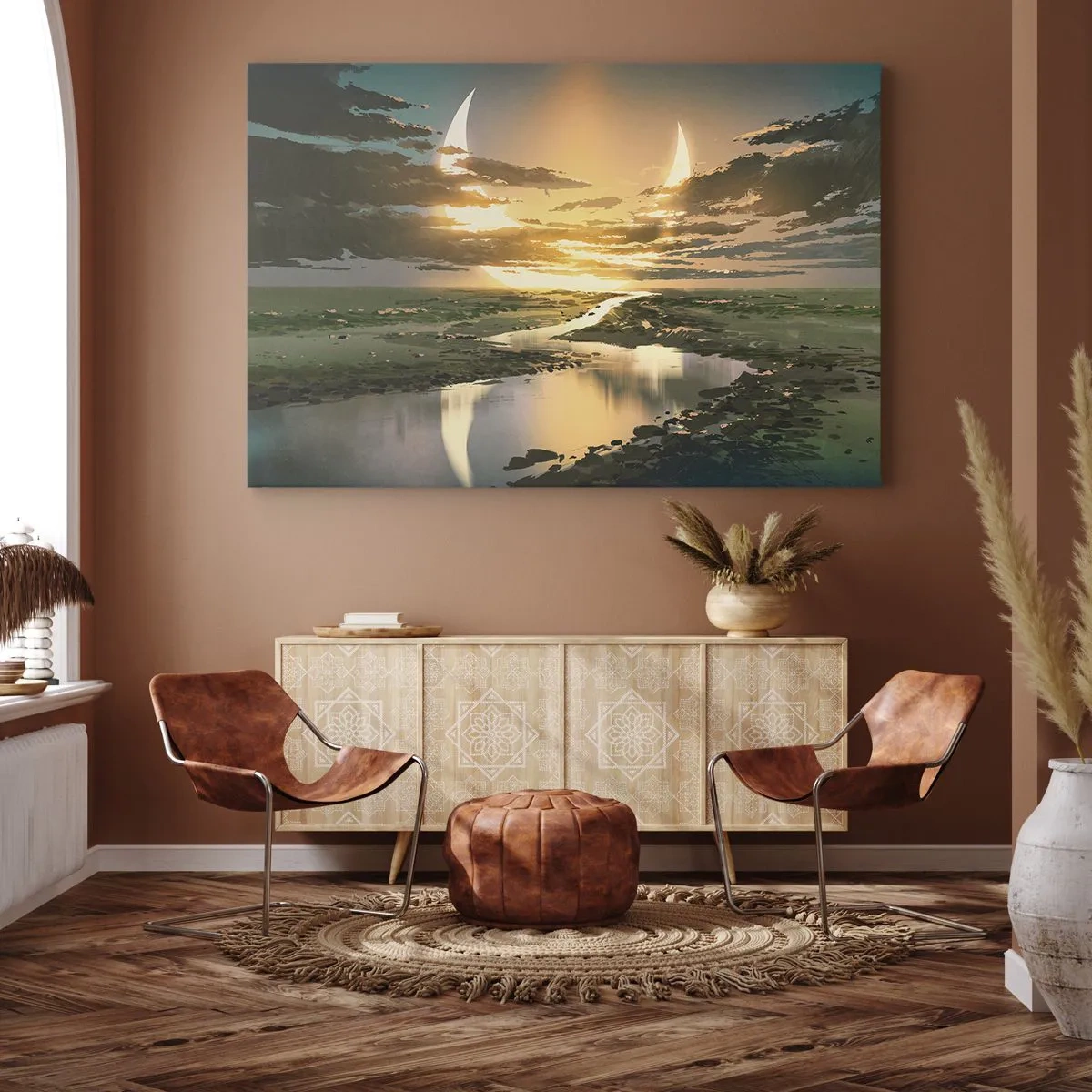 Obraz na płótnie - Fantastyczny krajobraz z dwoma księżycami na horyzoncie - 120x80cm - Gdzieś w odległej galaktyce - Nowoczesna dekoracja ścienna do salonu, kuchni i sypialni ARTTOR