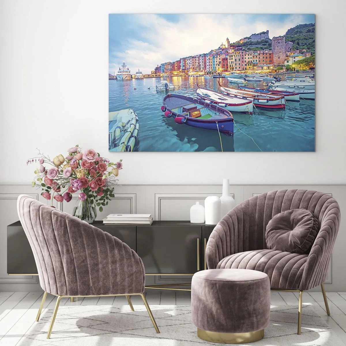Obraz na szkle - Wieczorny widok na Cinque Terre z kolorowymi budynkami - 100x70cm - Kolorowy wieczór w porcie - Nowoczesna dekoracja ścienna do salonu, kuchni i sypialni ARTTOR