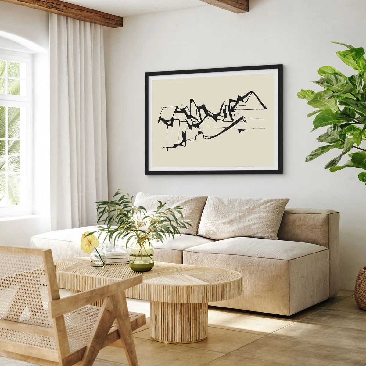 Plakat w czarnej ramie - Abstrakcyjny rysunek gór w czarno-białej kolorystyce - 100x70cm - Być może pejzaż - Nowoczesna dekoracja ścienna do salonu i sypialni ARTTOR