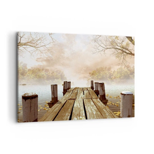 Obraz na płótnie - Drewniane molo prowadzące na spokojne jezioro w porannej mgle - 100x70cm - Łagodny smutek jesieni - Nowoczesna dekoracja ścienna do salonu, kuchni i sypialni ARTTOR