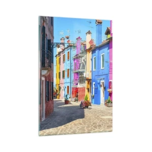 Obraz na szkle - Kolorowe budynki w wąskiej uliczce miasteczka - 80x120cm - Miasteczko "Pod papugami" - Nowoczesna dekoracja ścienna do salonu i sypialni ARTTOR