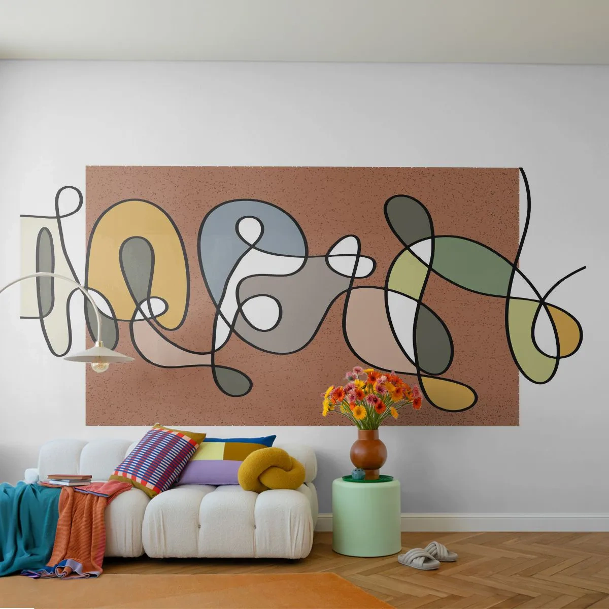 Fototapeta Premium Sand - Kolorowa abstrakcja z liniami na tle w kolorze terakoty - 100x70cm - Abstrakcja warta uśmiechu - Nowoczesna dekoracja ścienna do salonu, kuchni i sypialni ARTTOR
