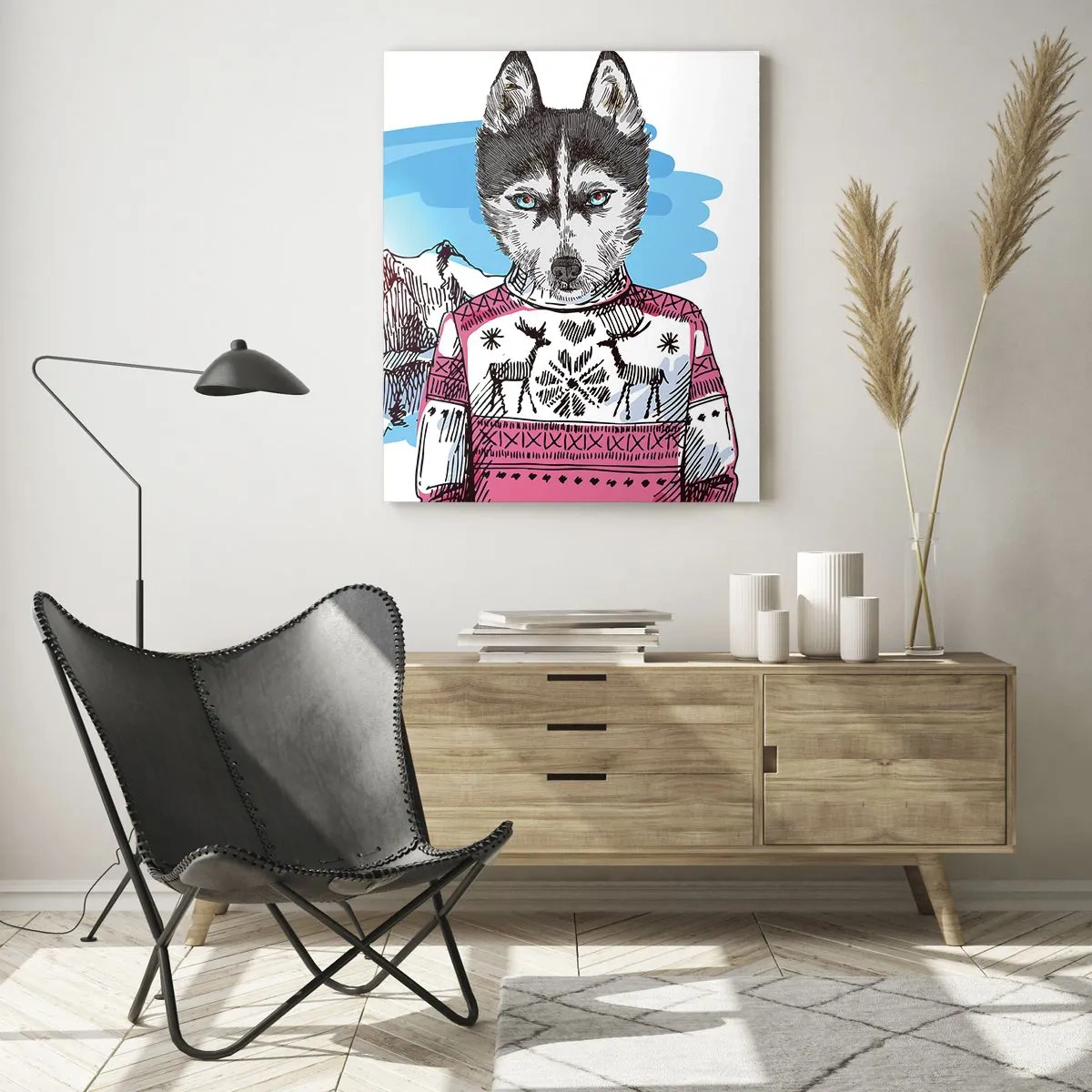 Obraz na szkle - Husky w swetrze na tle gór - 50x70cm - Wilk w owczej wełnie - Nowoczesna dekoracja ścienna do salonu, kuchni i sypialni ARTTOR