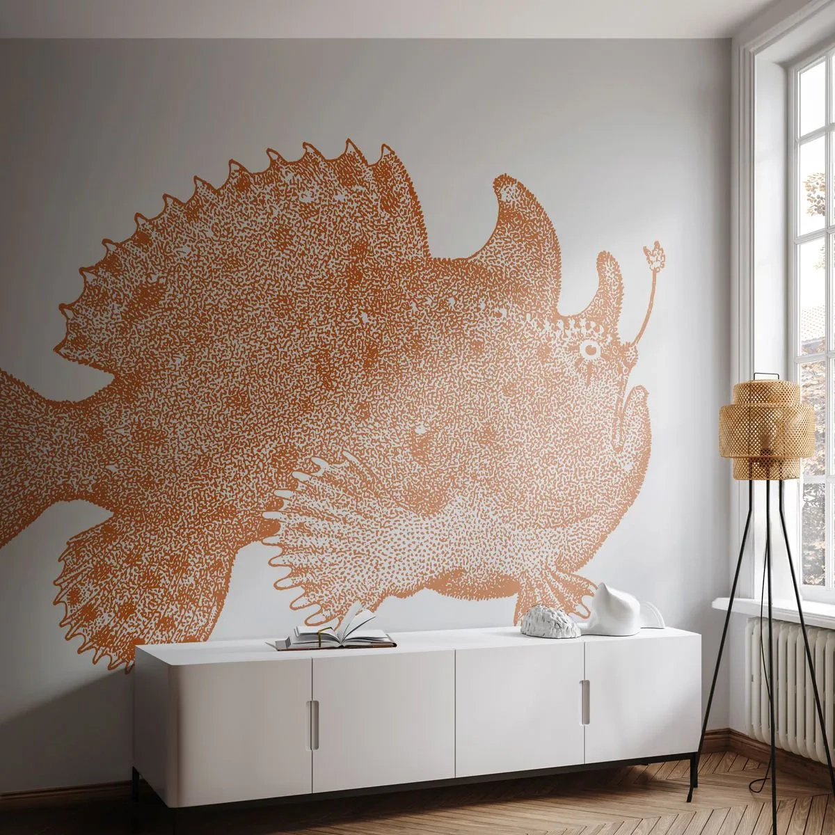 Fototapeta Premium Sand - Szczegółowa ilustracja ryby w stylu graficznym w sepii - 100x70cm - A jednak ryba - Nowoczesna dekoracja ścienna do salonu, kuchni i sypialni ARTTOR