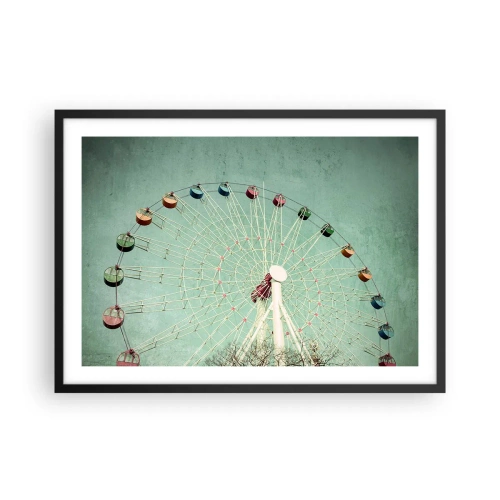 Plakat w czarnej ramie - Kolorowy diabelski młyn na tle błękitnego nieba w stylu retro - 70x50cm - Zapraszamy do zabawy - Nowoczesna dekoracja ścienna do salonu i sypialni ARTTOR