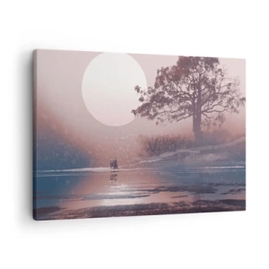 Obraz na płótnie - Romantyczna scena z księżycem i drzewem nad wodą - 70x50cm - Nocne dziwy - Nowoczesna dekoracja ścienna do salonu i sypialni ARTTOR