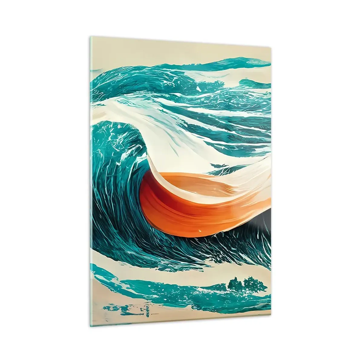 Obraz na szkle - Turkusowe fale z pomarańczową wstęgą w stylu surrealistycznym - 50x70cm - Sen surfera - Nowoczesna dekoracja ścienna do salonu, kuchni i sypialni ARTTOR
