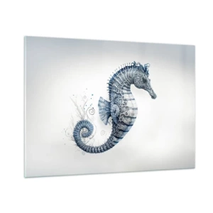 Obraz na szkle - Niebieski konik morski na jasnym tle w stylu rysunku - 100x70cm - Subtelny żart natury - Nowoczesna dekoracja ścienna do salonu, kuchni i sypialni ARTTOR