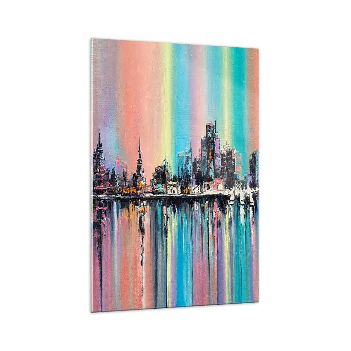 Obraz na szkle - Kolorowy pejzaż miasta z odbiciem na wodzie - 70x100cm - Spłynąć światłem nocy - Nowoczesna dekoracja ścienna do salonu i sypialni ARTTOR