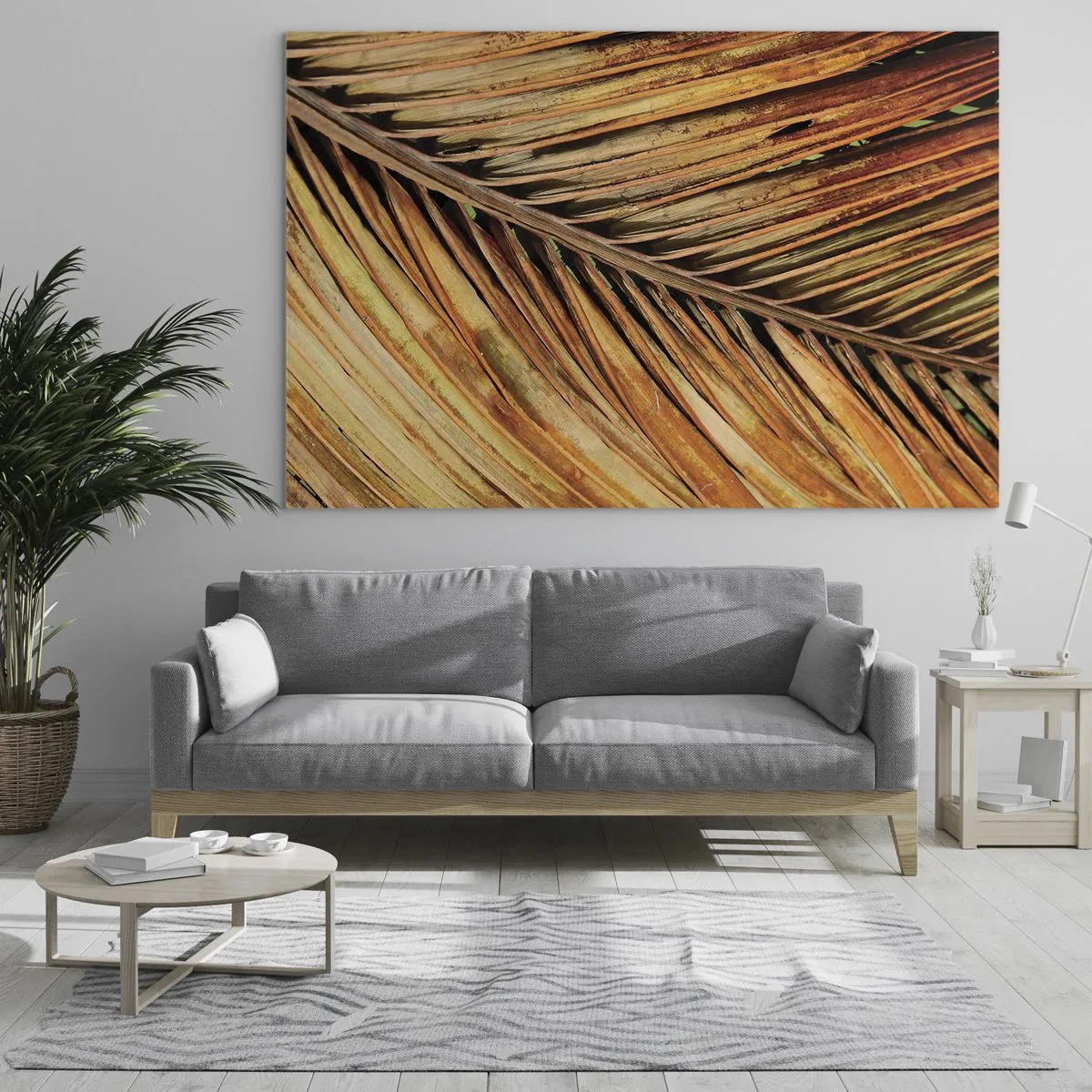 Obraz na szkle - Zbliżenie na suche, złote liście palmy - 70x50cm - Kokosowe złoto - Nowoczesna dekoracja ścienna do salonu i sypialni ARTTOR